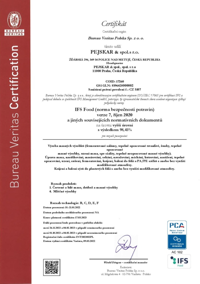 Certifikát IFS